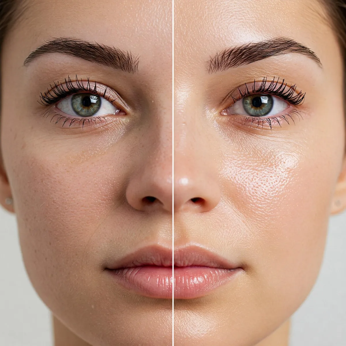 Frontal face shot showing lacklustre, tired skin vs glowing, hydrated skin on the opposite side.