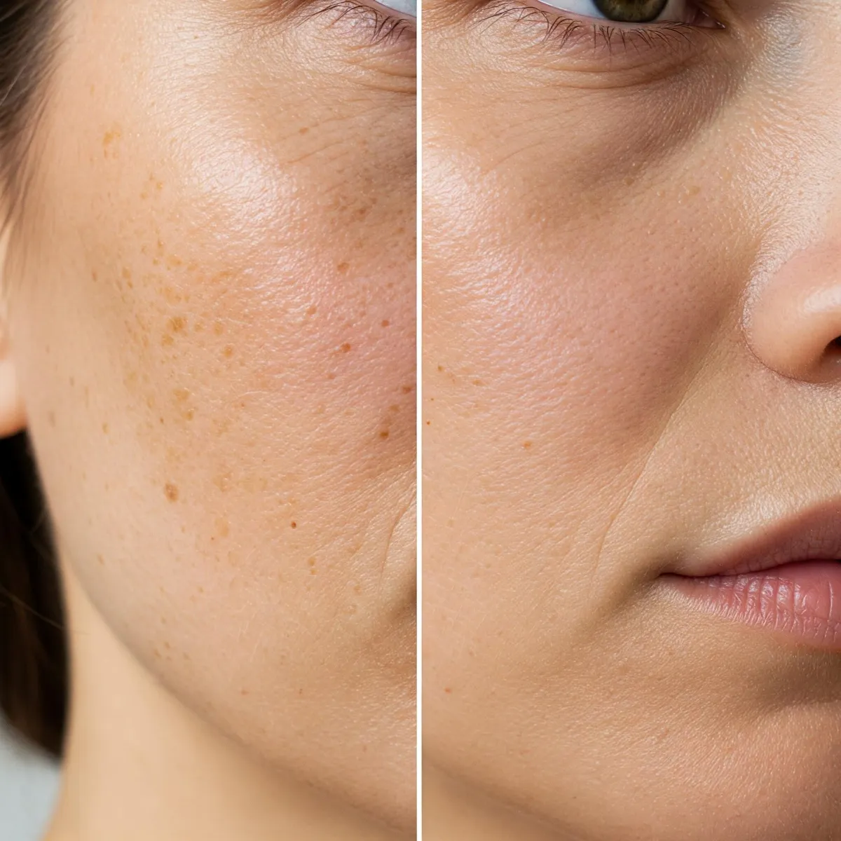 Close-up of cheek showing freckles, age spots, or sun-induced pigmentation, with one half corrected and even-toned.
