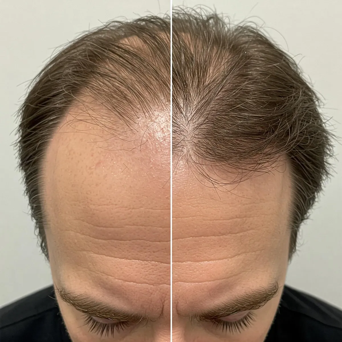 A split image showing the top of a man’s or woman’s head. The left side shows visible hair thinning and a receding area, the right side shows fuller, thicker hair regrowth. Natural lighting, clean background, no makeup, clinical aesthetic.