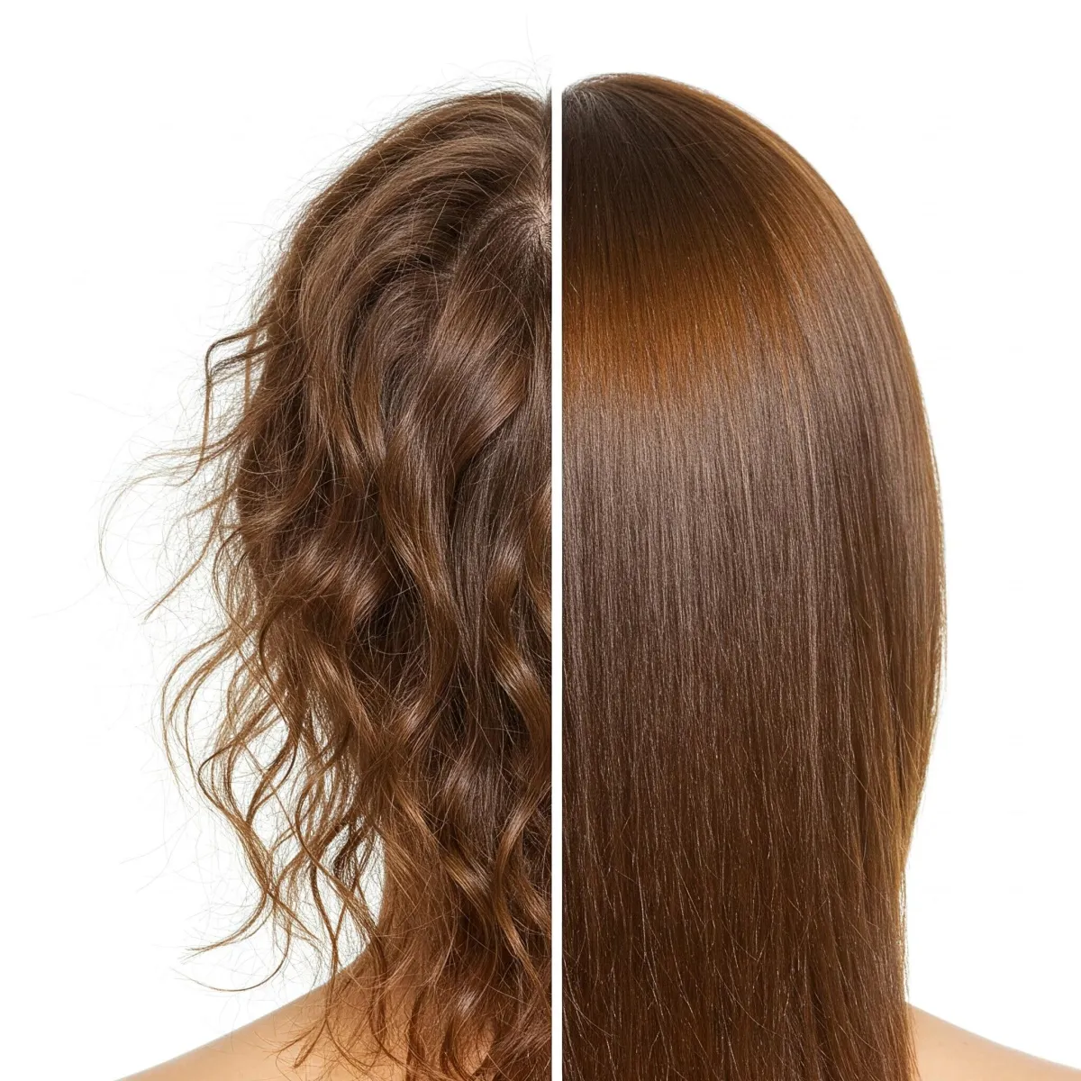 Image of hair strands. Left side shows dry, frizzy, weak hair with split ends, right side shows smooth, shiny, and strong strands. Neutral background, natural lighting, professional hair health focus.