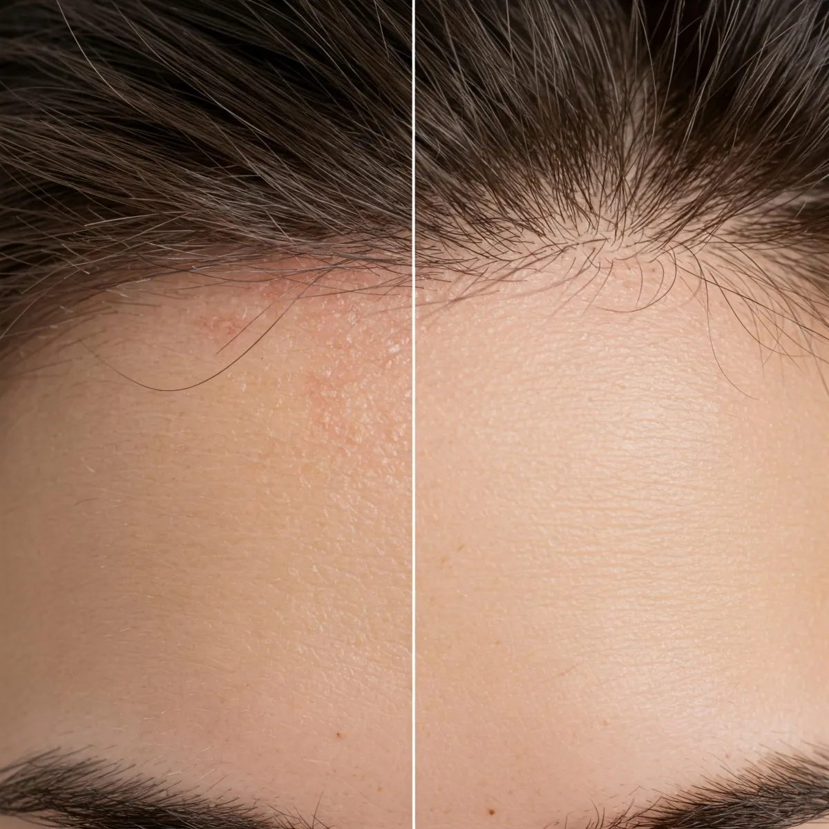 Split image of a human scalp, left side showing dry, flaky, irritated skin with redness, right side shows smooth, hydrated, healthy scalp. Clinical skincare aesthetic, soft lighting, clean background.