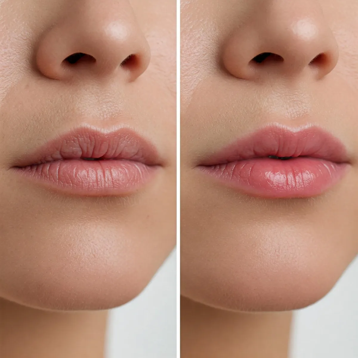 A split image showing a close-up of a woman’s lips. Left side has naturally thin lips with visible dehydration, right side shows plump, smooth, and hydrated lips after filler or collagen treatment. Clean background, no lipstick, soft lighting, clinical skincare aesthetic.