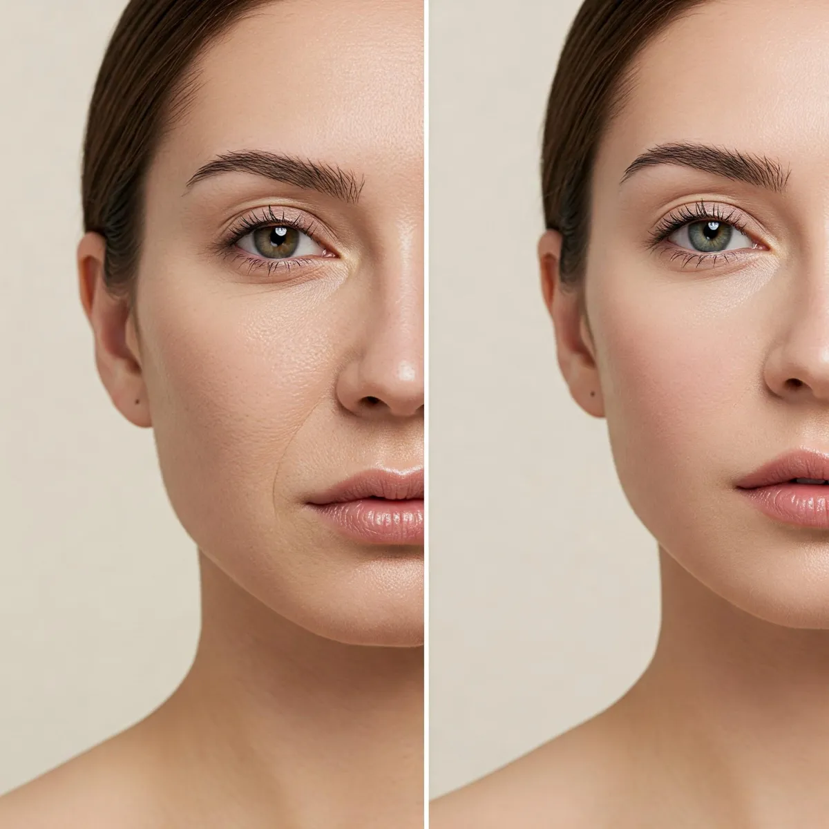 Split image of a woman’s face showing midface. Left side shows sunken cheeks and visible volume loss under the eyes, right side has fuller, lifted cheeks with a youthful contour. Soft natural lighting, neutral background, minimal expression, skincare clinic aesthetic.