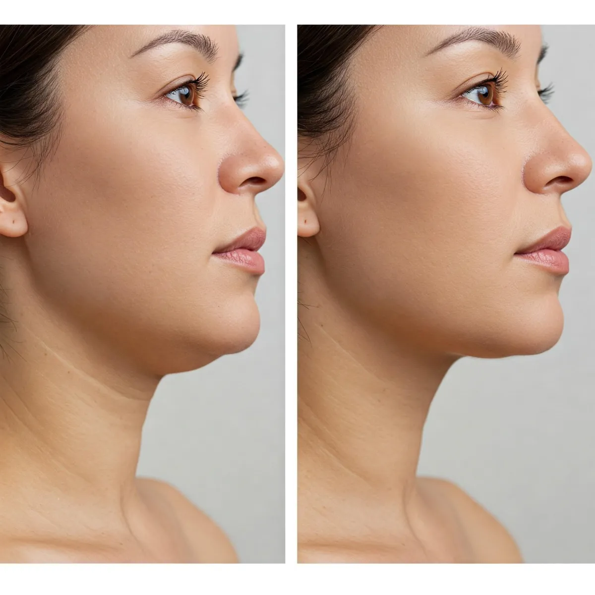 Split image showing the lower face and neck of a woman. Left side has a visible double chin and loose skin under the jaw, right side shows a firmer, more contoured profile with reduced volume. Neutral background, natural skin tone, no makeup, soft lighting.