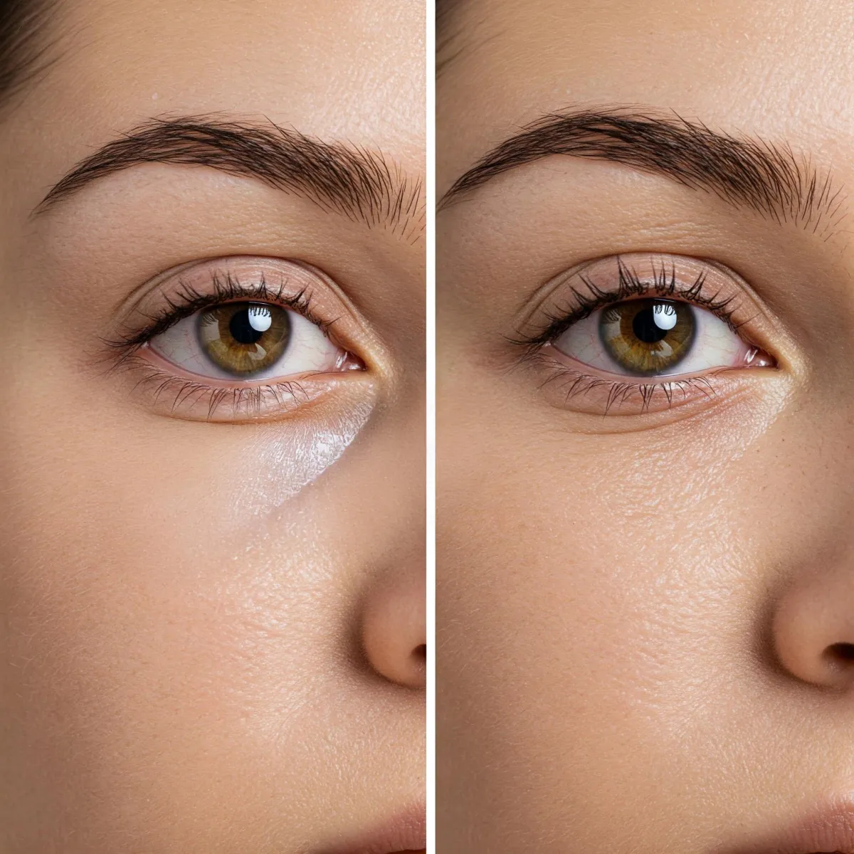 Split image close-up of a woman’s under-eye area. Left side shows hollow tear troughs and dark circles, right side shows plump, smooth under-eyes with reduced darkness. Clean clinical lighting, no makeup, neutral background.