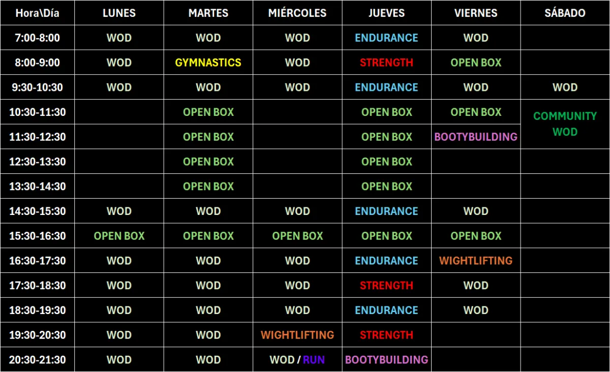 tabla con horario de clases del centro