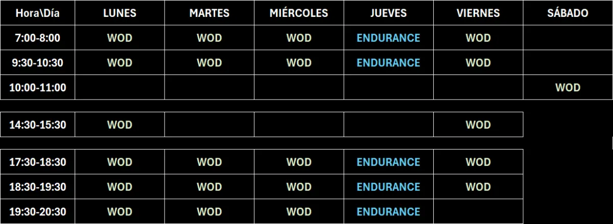 tabla con horario de clases del centro