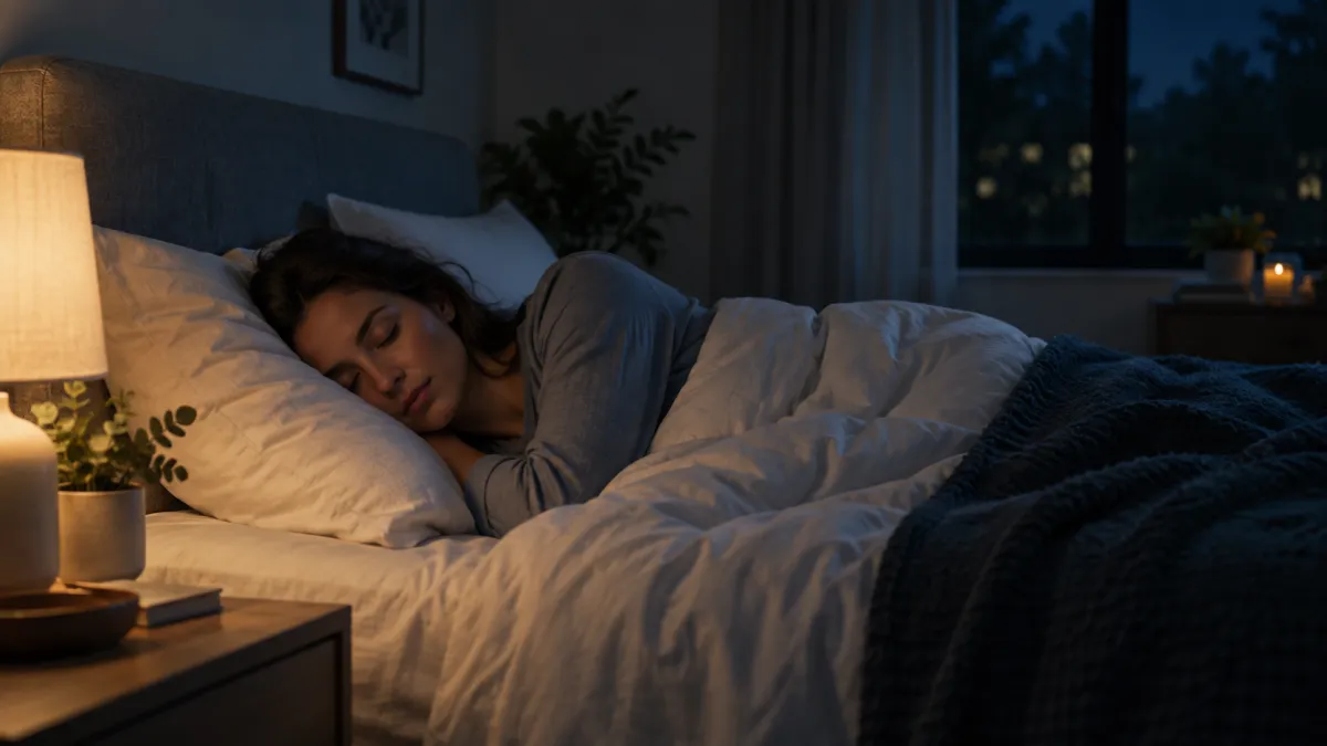 Woman sleeping comfortably in a dim bedroom during a hypnosis for sleep article