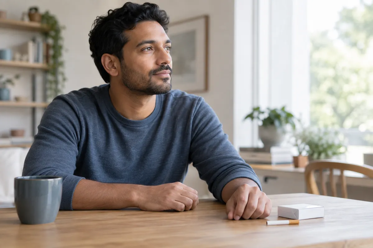 Man considering quitting smoking with an unlit cigarette and closed pack on a table