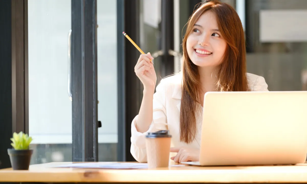 Smiling virtual assistant delivering accurate reports and data with confidence and care