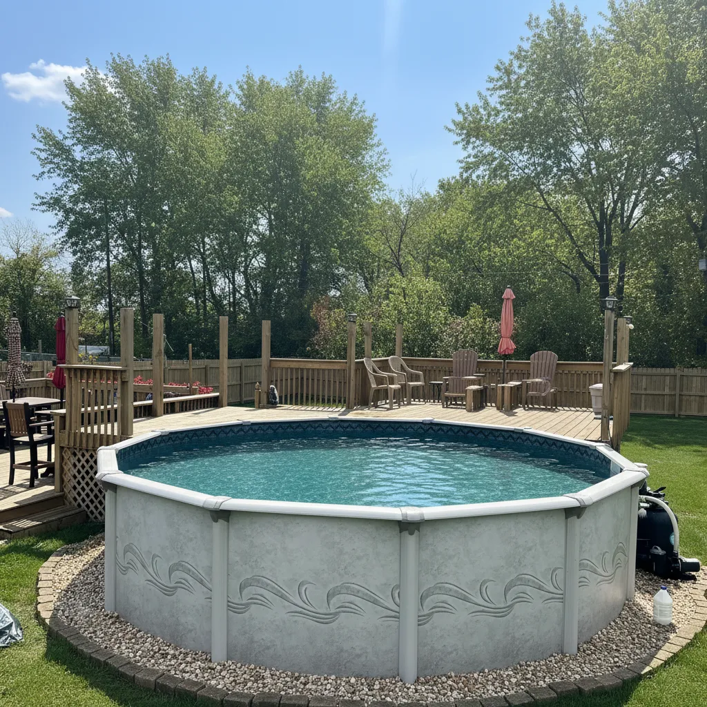 Above Ground Pool next to a deck in Indianapolis Indiana by Jensen's Pools and More