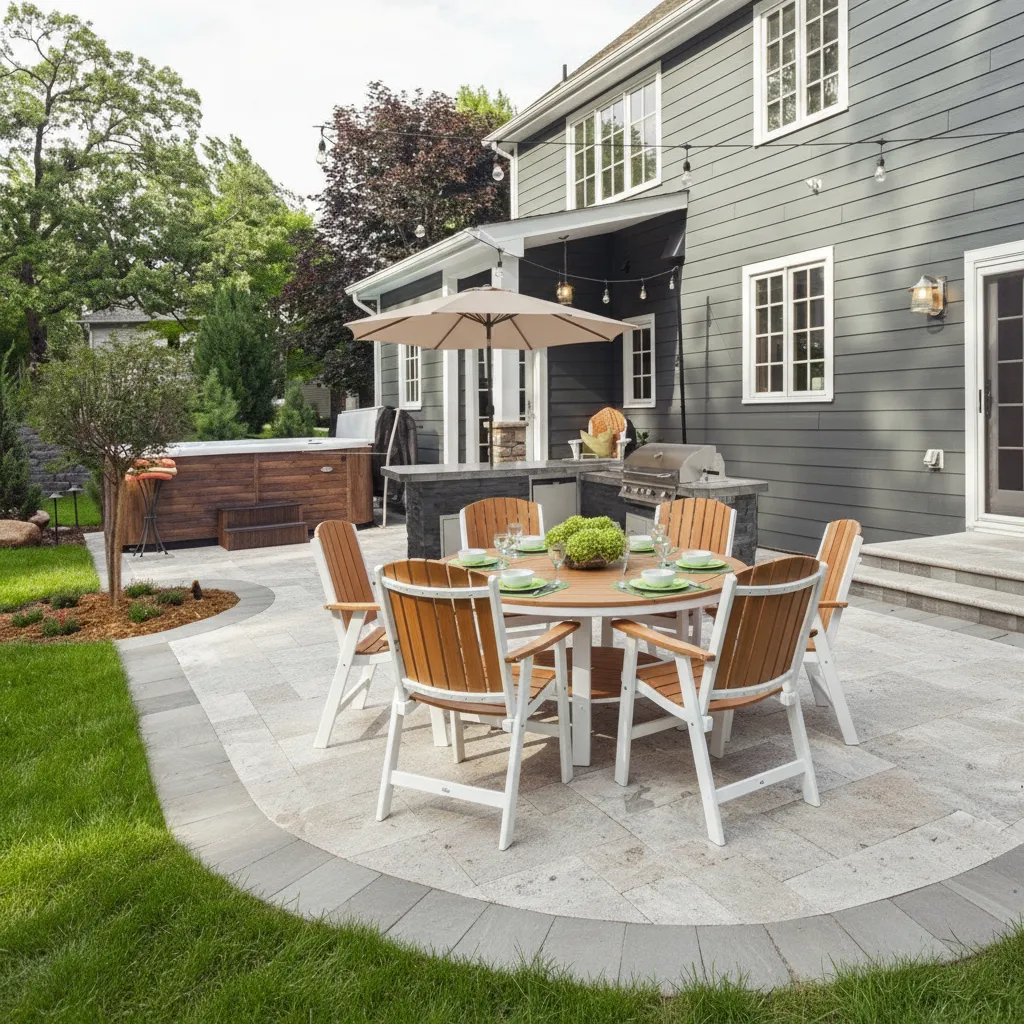 Outdoor space with patios, kitchens, fire features, and custom entertainment areas in Indianapolis Indiana by Jensen's Pools and More