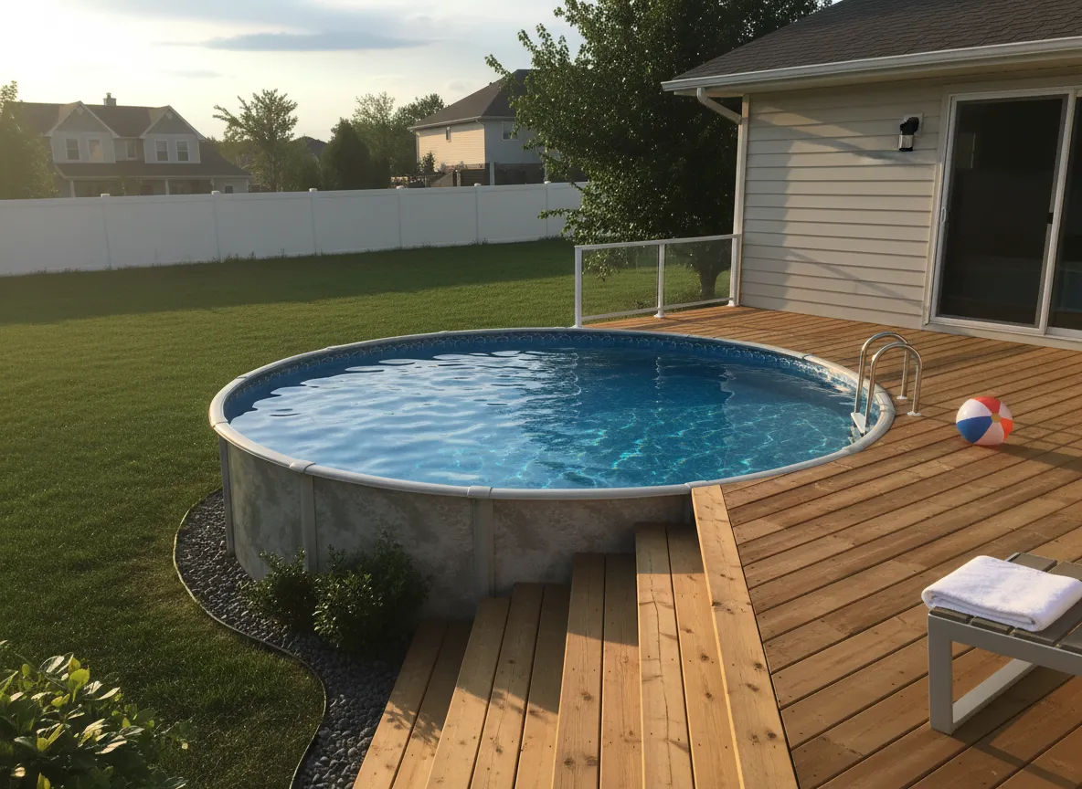 Round Optimum Pools Above Ground Pool in a backyard in Indianapolis Indiana by Jensen's Pools and More