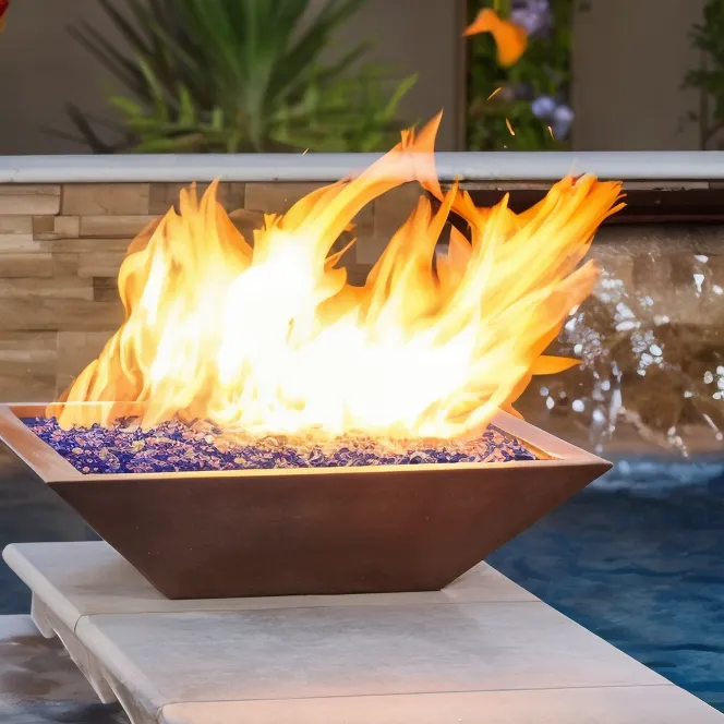 Modern Fire Feature from grand effects next to a pool Fiberglass Inground Pool in a backyard in Indianapolis Indiana by Jensen's Pools and More