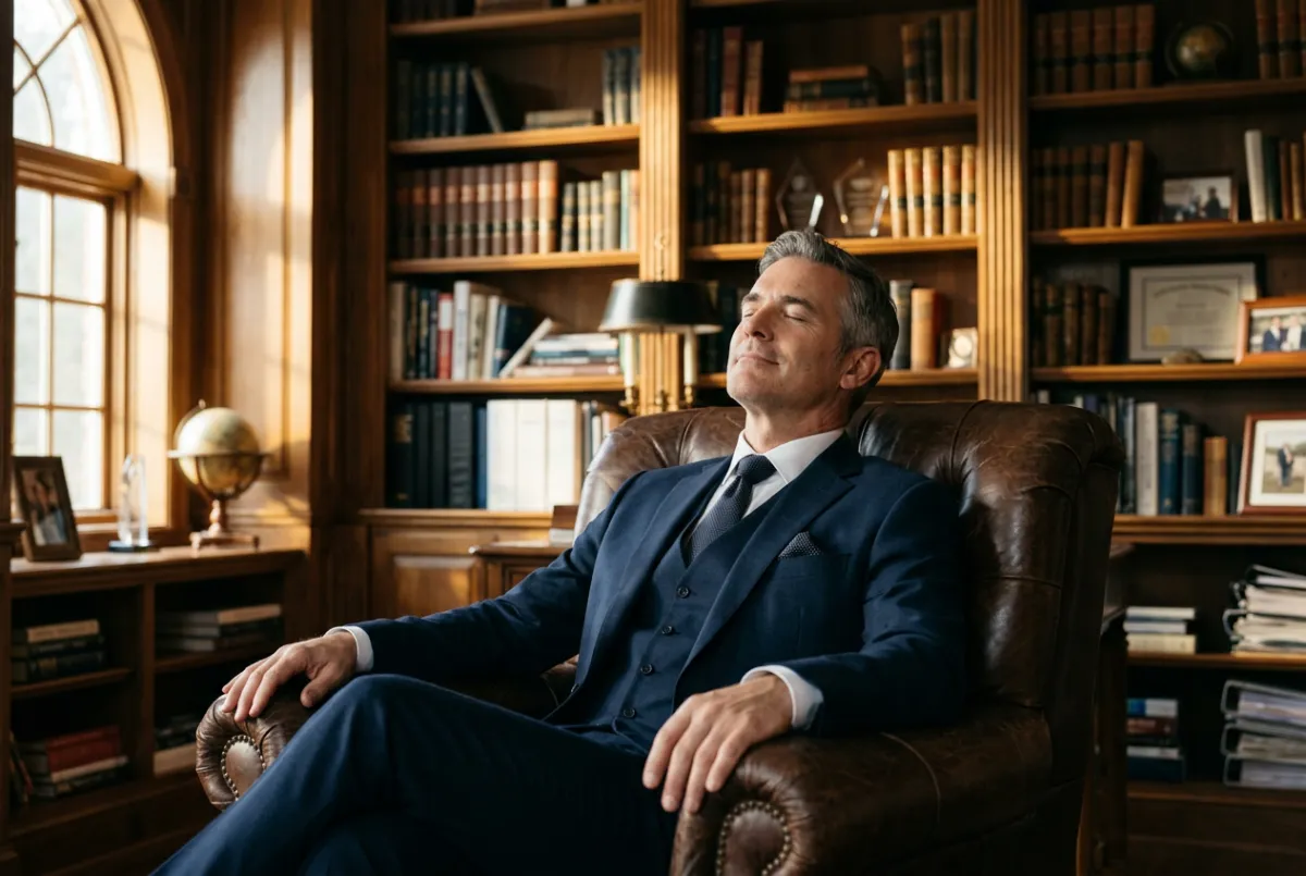 Cinematic editorial photograph of a CEO-type man in his 40s-50s, dressed in a dark suit, seated in a large leather chair in a private study or home office. He is completely still 