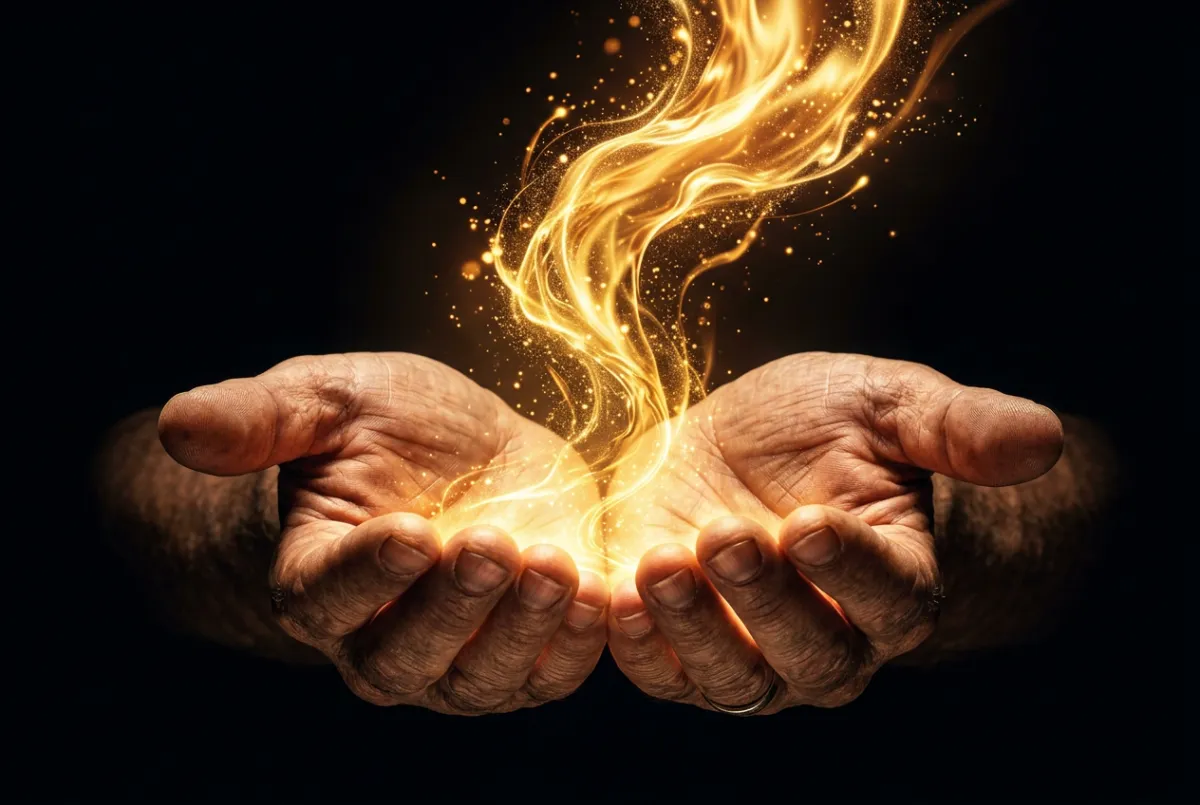 Conceptual editorial photograph of two open hands, palms facing upward, held together cupped — as if offering or receiving.