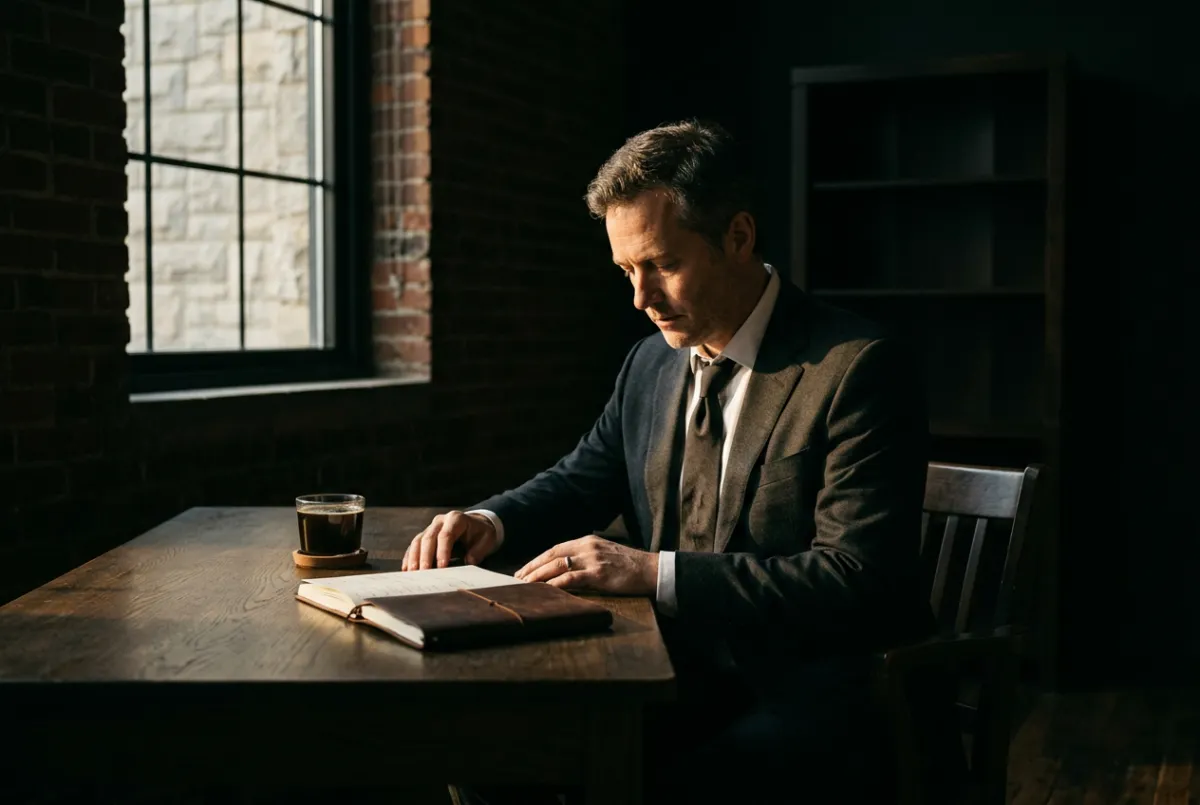 Kingdom CEO seated in stillness at a minimalist desk — triadic blueprint — Co·Reign