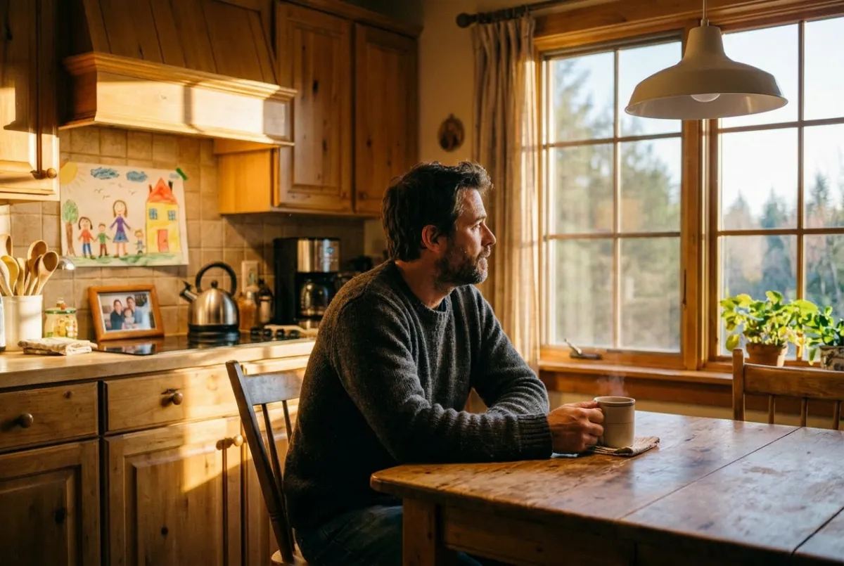 CEO at home with family in quiet morning moment — domestic blueprint — Co·Reign