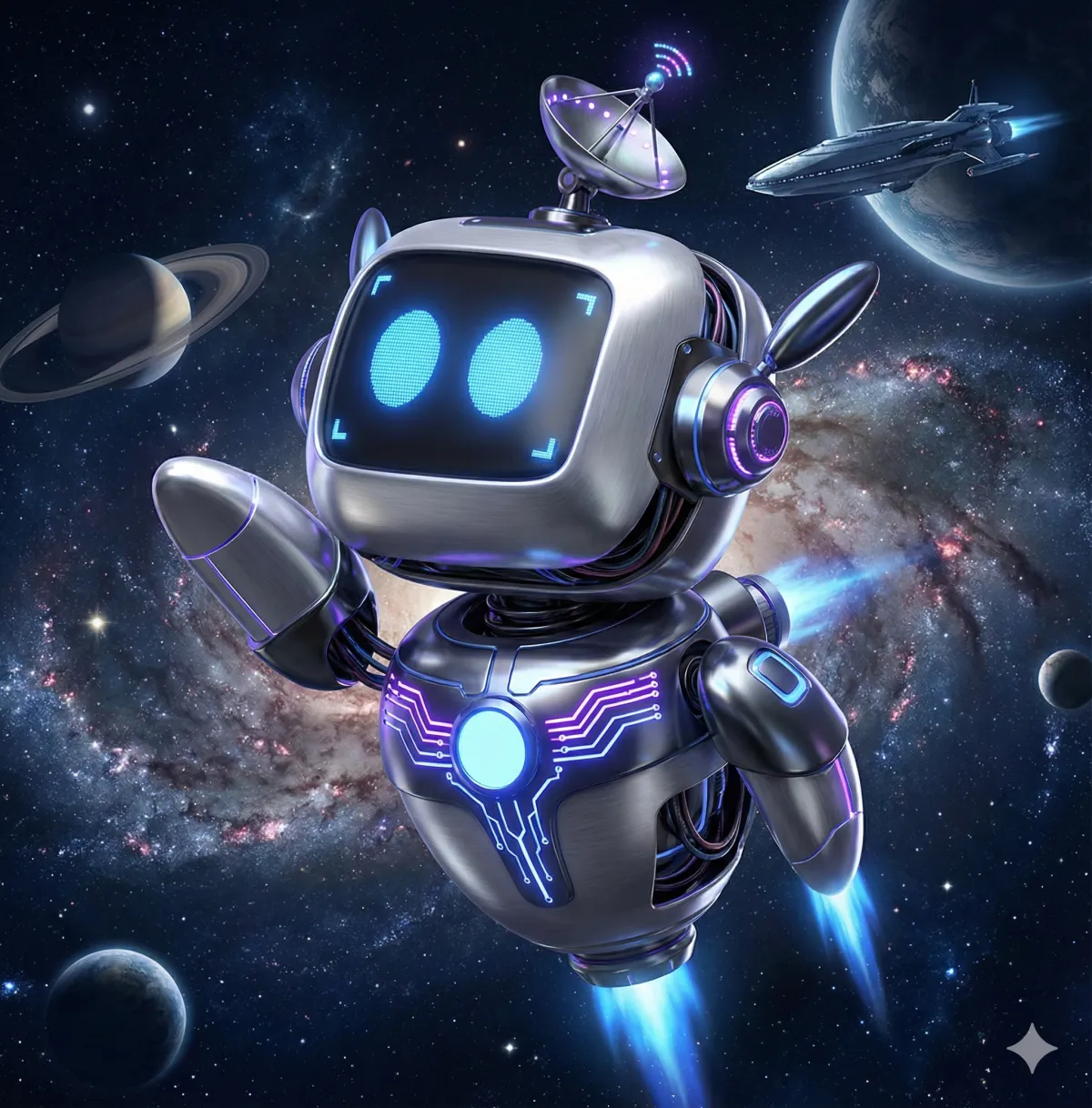 Robot character in space with antennas, glowing features, and planets in the background, symbolizing AI and digital marketing solutions.