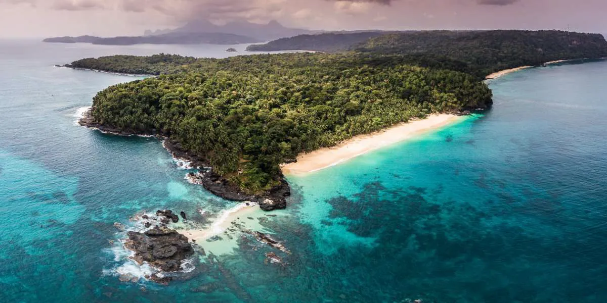 Aerial view of Príncipe Island coastline and protected tropical landscape
