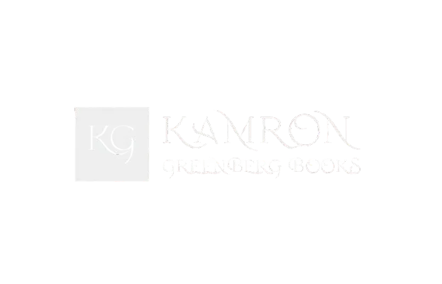 white color version of the Kamron Greenberg Books logo, featuring the author's name and initials