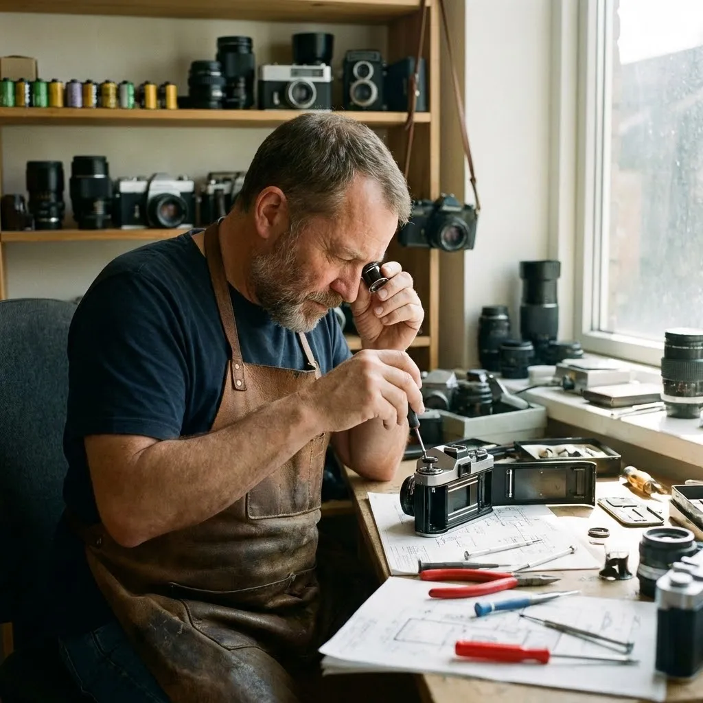 Photographer troubleshooting camera representing Space Coast Camera's troubleshooting services