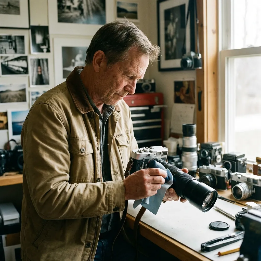 Photographer cleaning a lens representing Space Coast Camera's lens cleaning