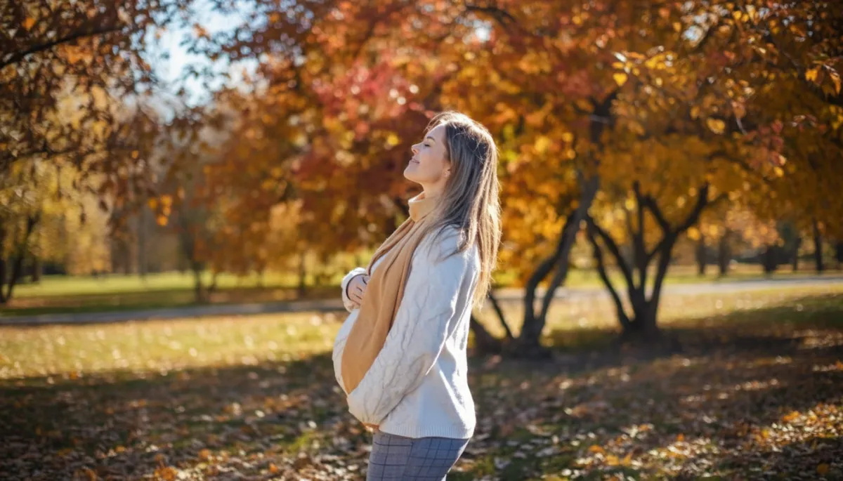 pregnant woman feeling relaxed and happy outdoors after treatment at the fertility acupuncture clinic in woodbury mn.