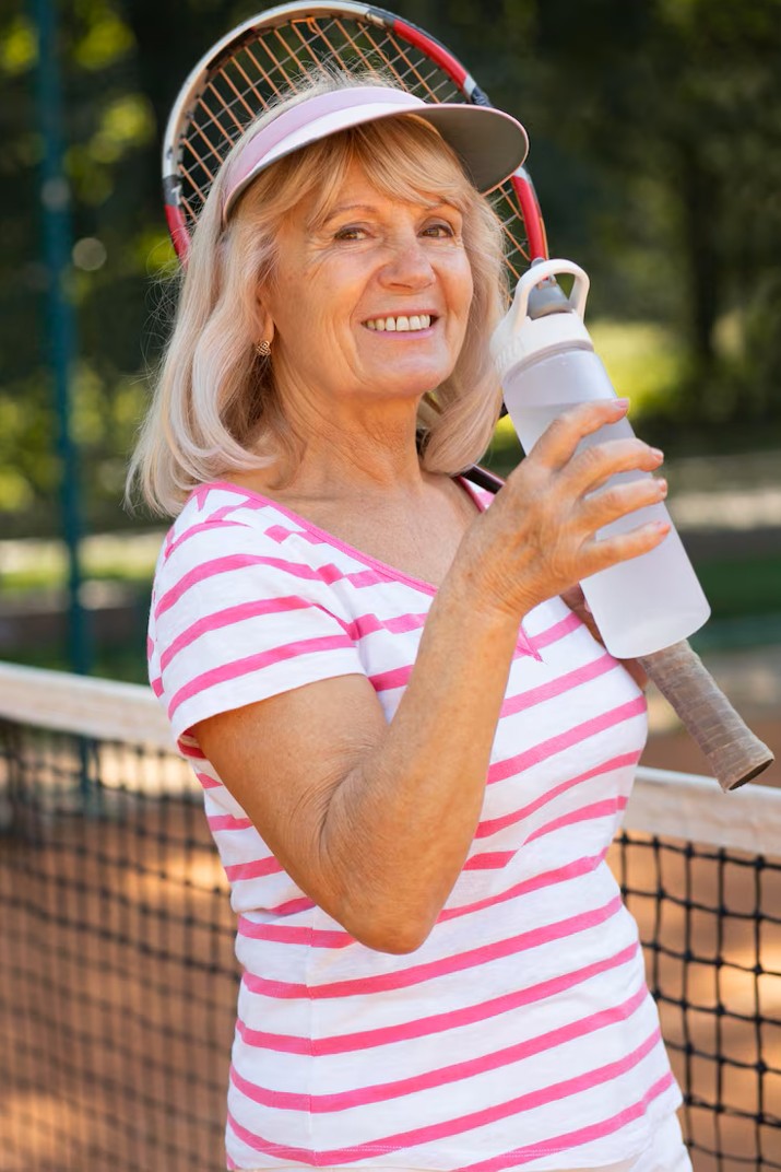 older woman smiling on a tennis court after visiting a pain control clinic in woodbury mn.