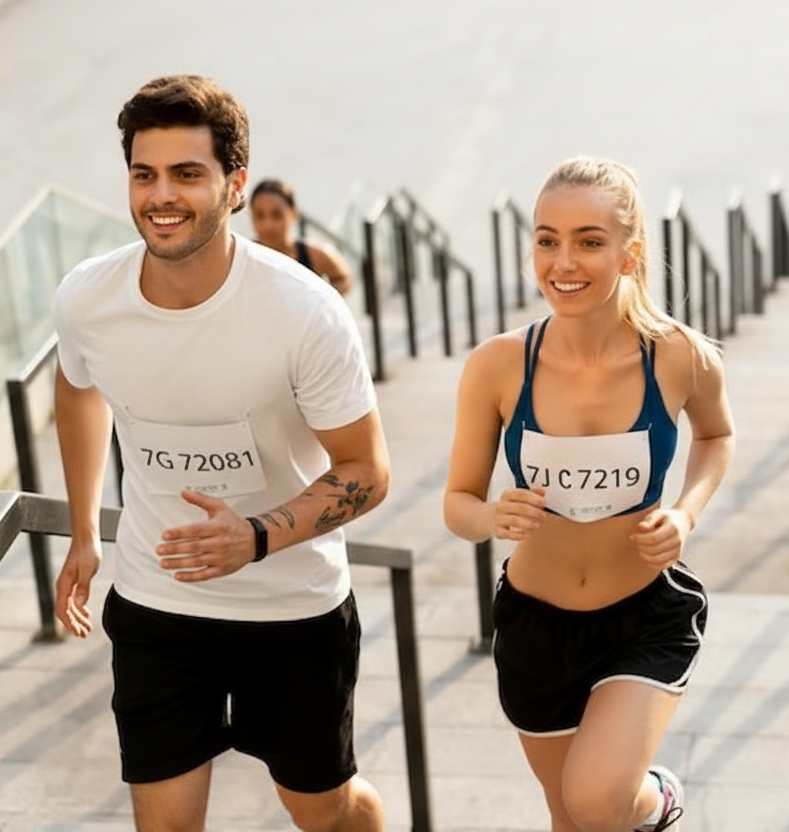 smiling man and woman running up stairs during a race after treatment at an acupuncture clinic in woodbury mn.