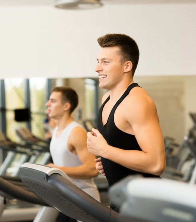 athletic man smiling while using a treadmill at the gym after treatment at an acupuncture clinic in woodbury mn.