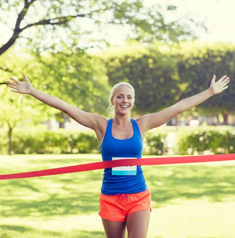 woman crossing a race finish line after treatment at an acupuncture for pain relief clinic in woodbury mn.