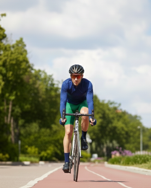 man riding bicycle fast on paved trail after recovering at auto accident patients clinic in woodbury mn.