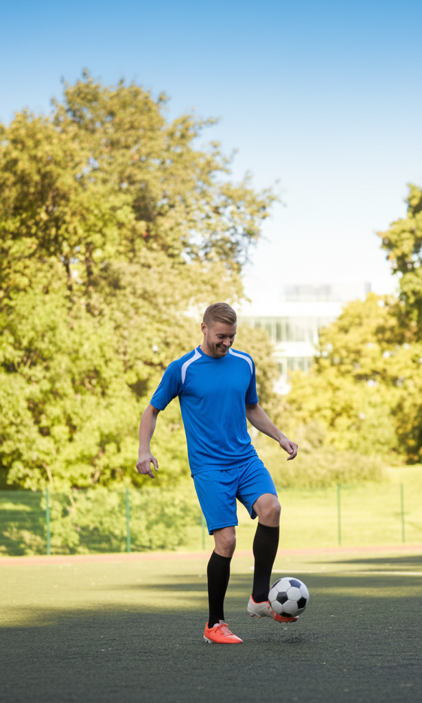 active man playing soccer after recovering from car accident at acupuncture clinic in woodbury mn.