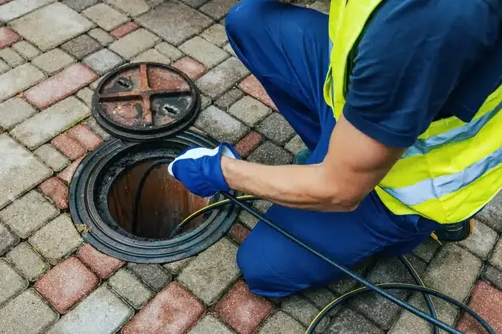 Man hydr jetting a sewer pipe in the ground.