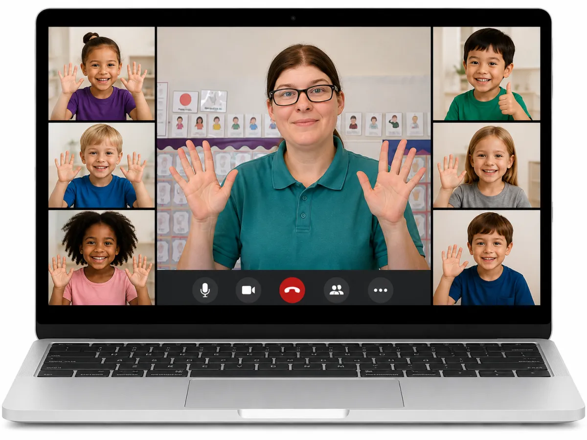 Sign Pals shows a a computer with the teacher in the middle and her ten students in their own boxes around her.