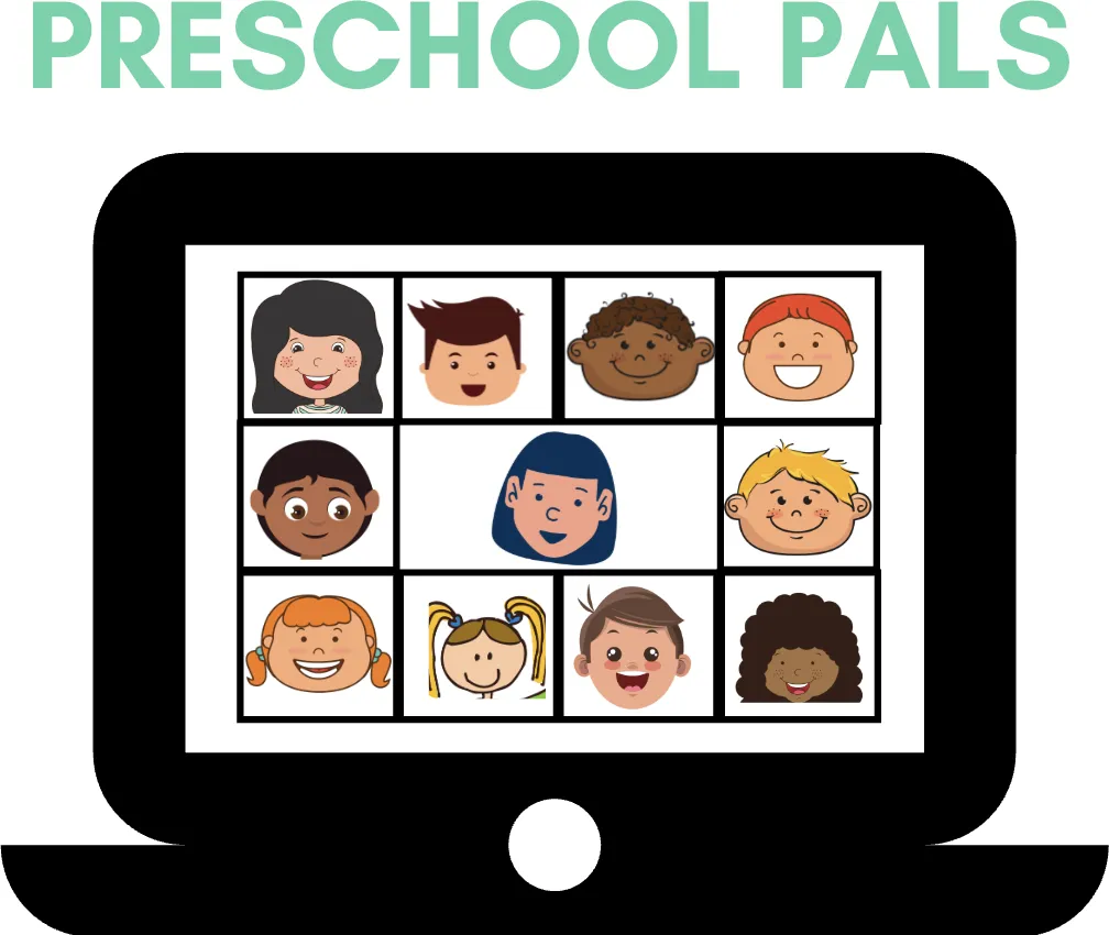 Preschool Pals shows a cartoon drawing of a computer with the teacher in the middle and her ten students in their own boxes around her.