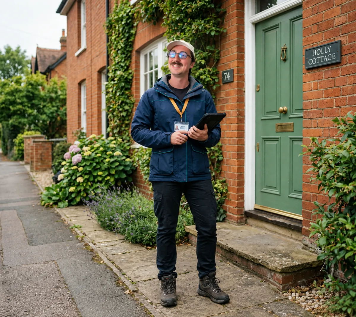 Friendly professional Comfort Home Air surveyor with tablet standing outside a British residential brick home