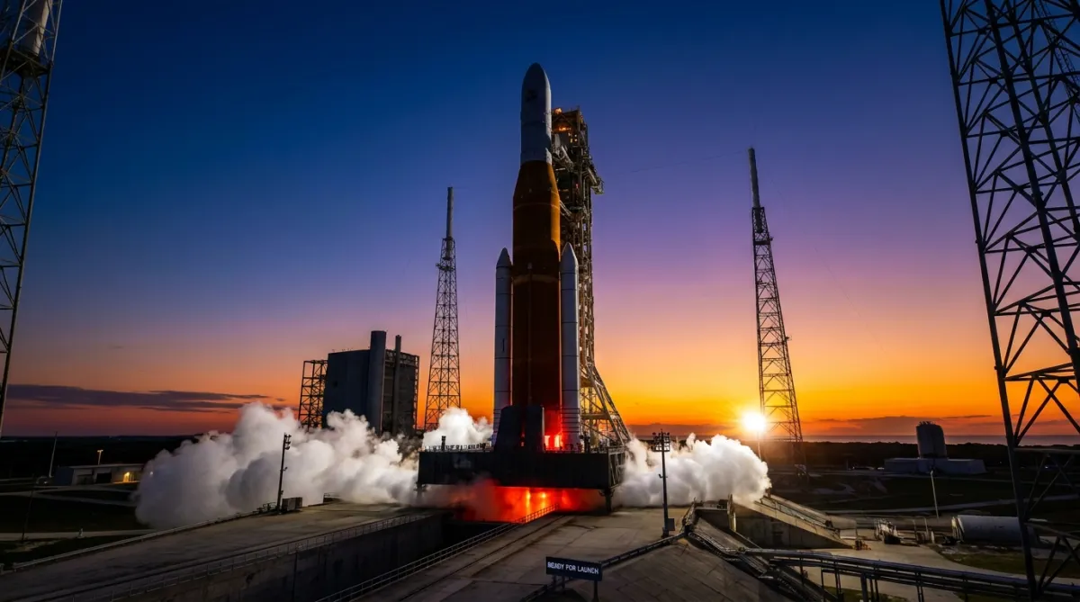 A rocket on a launch pad at dawn, engines lit, ready to go
