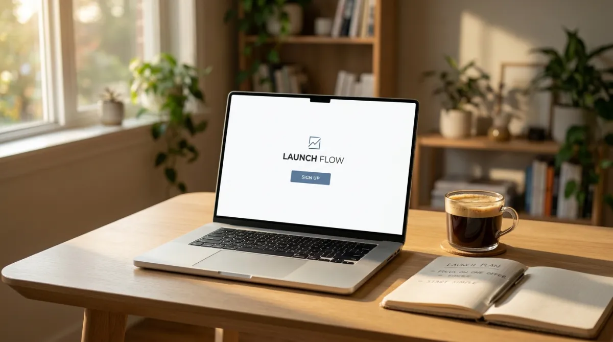 Laptop open with a simple sales page, coffee beside it, calm workspace