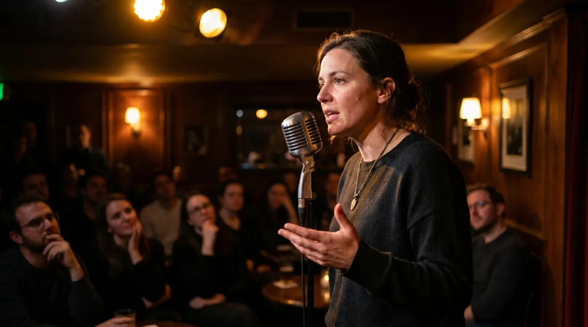 Woman speaking into a microphone at a small event, audience leaning in, warm lighting