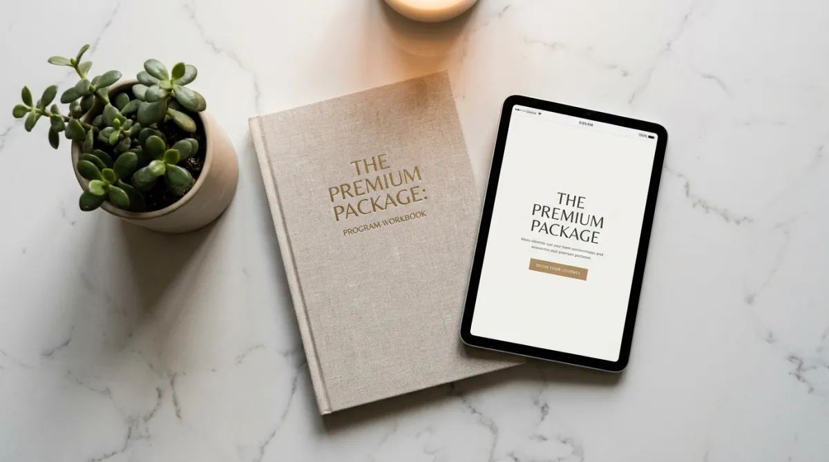 A clean, elegant program mockup, course cover or coaching package graphic on a light, premium background