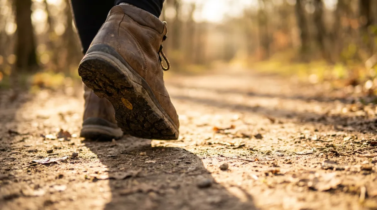 A single forward footstep on a path, momentum, not destination