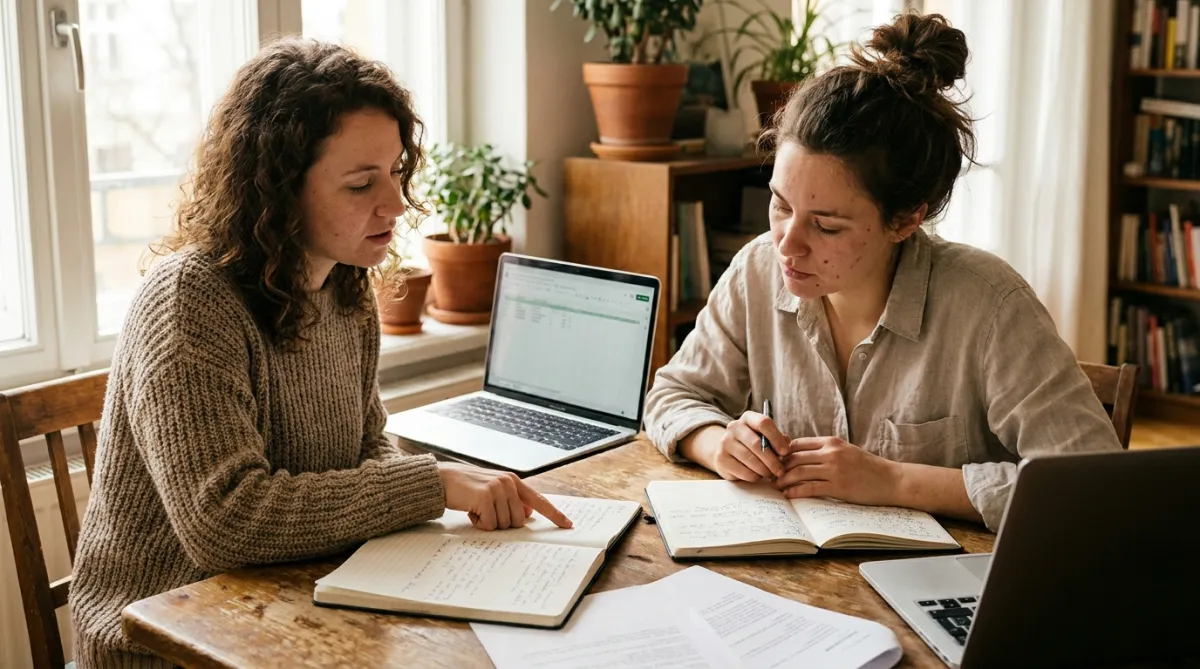 Two women reviewing notes together at a table, both engaged and collaborating