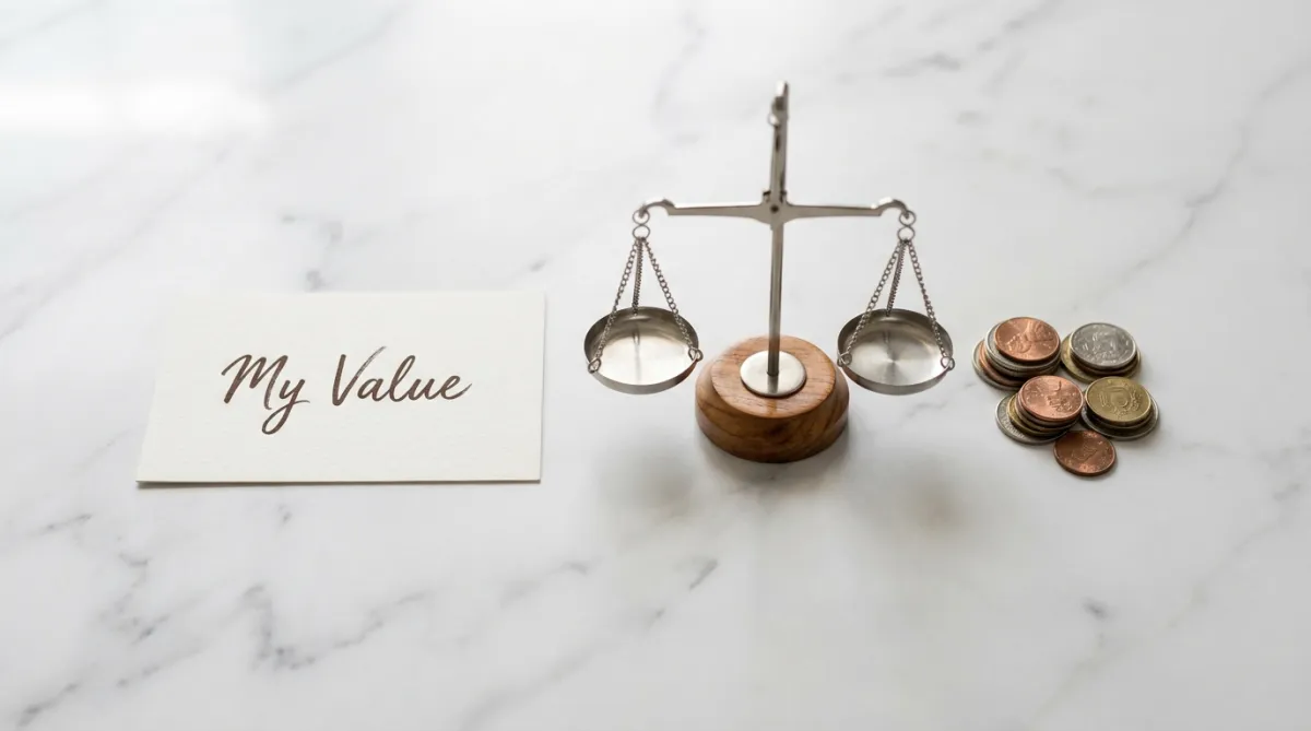 Scale with heart on one side, money on the other, balance, not conflict