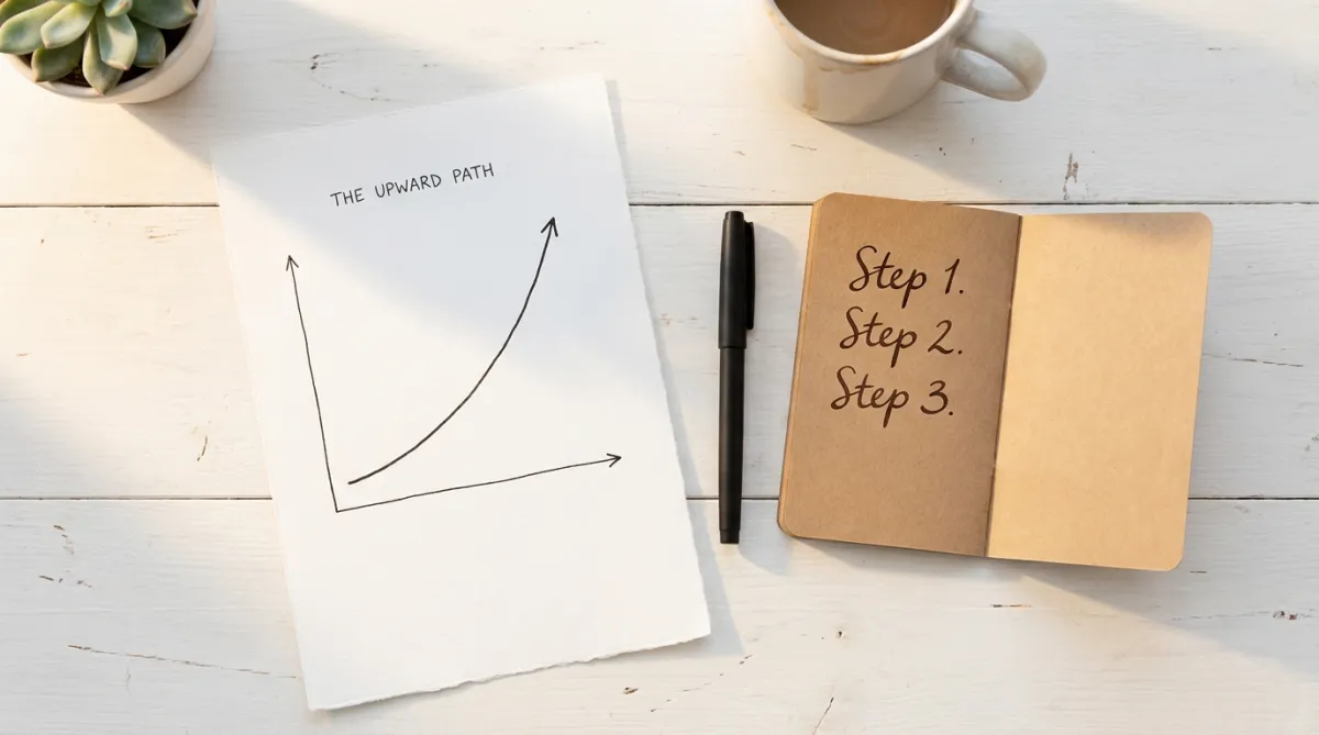 Clean upward arrow on a simple graph, progress, not perfection