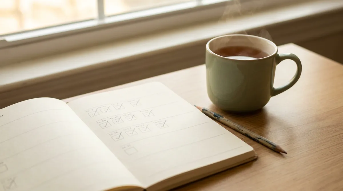 Calendar with daily checkmarks, simple, steady, committed
