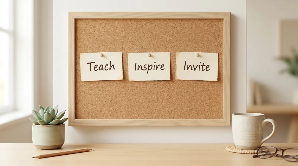 Three content cards on a board, labeled teach, inspire, invite clean design