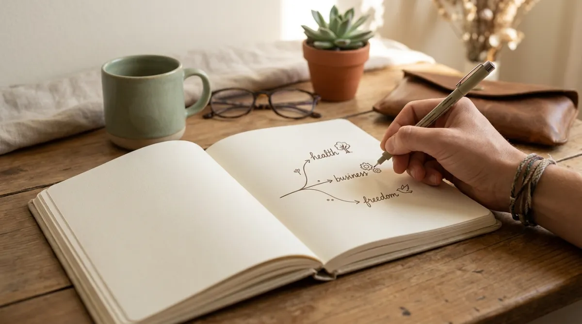 Open journal with a hand drawing a roadmap,  intentional, personal, clear