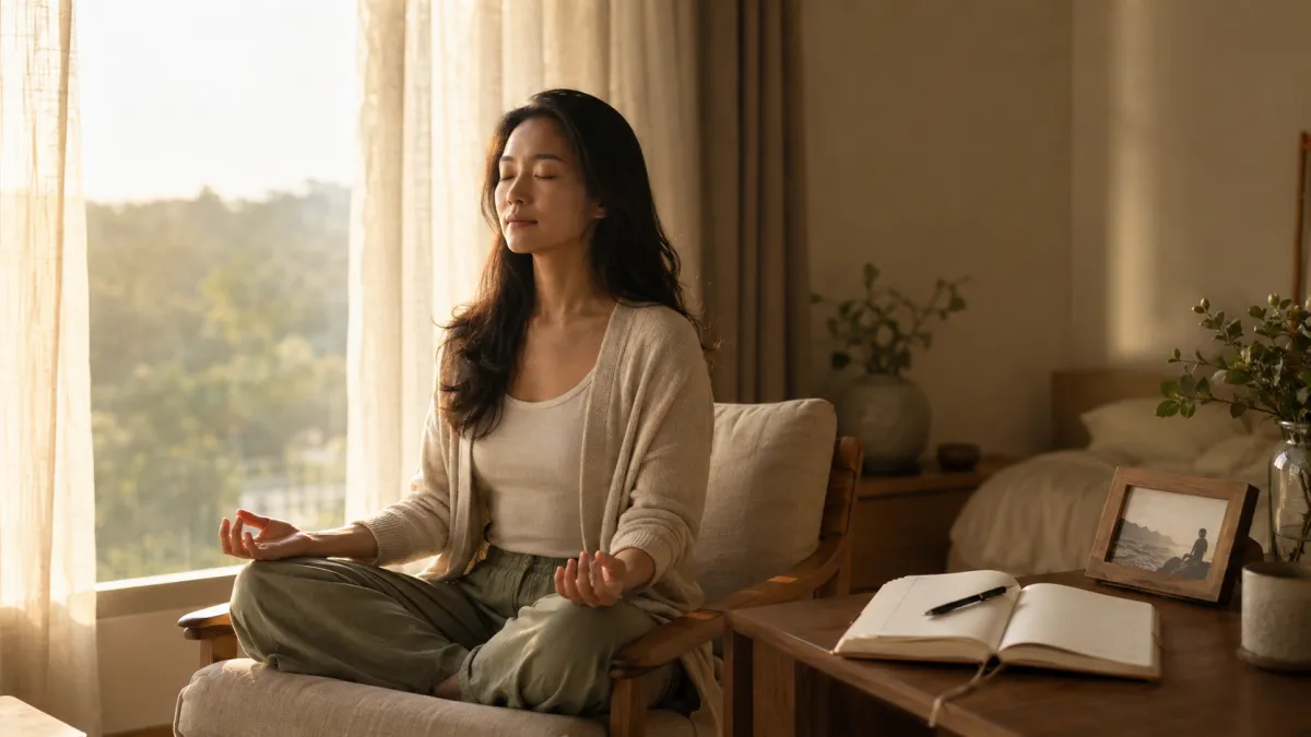 Quiet meditation space, a person seated at a wooden desk, eyes closed, hands resting in lap, soft morning light filtering through a window, journal and pen nearby, peaceful and intentional atmosphere
